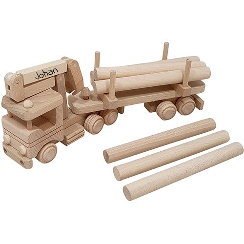 Vrachtwagen kraan en boomstammen met naam